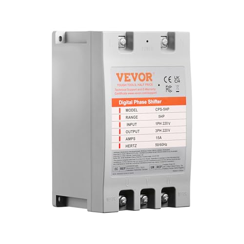 VEVOR 3 Phase Converter - 5HP 15A 220V Single Phase to 3 Phase Converter, Digital Phase Shifter for Residential and Light Commercial Use, 220V Input/Output (One Converter for One Motor Only)