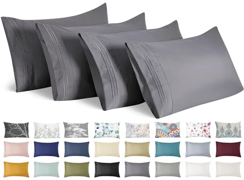 YIYEA Pillow Cases Standard Size Set of 4, Ultra Soft 1800TC Hotel Quality Double Brushed Microfiber Embroidered Pillowcases, Envelope Closure, Fade Resistant (20