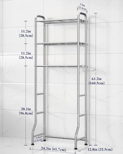 Image of Kitsure Over Toilet Storage Rack, 63.2 inch H Space-Saving, Holder & Hooks | Bathroom, Laundry Room, Small Spaces, Families, Durable Metal, Chrome, 3 Tier
