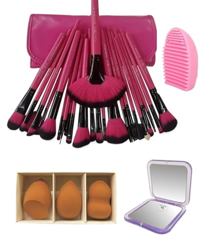 Image of Puna Store Combo Set of 24 Piece Premium Synthetic Makeup Brush Set (Pink) with 3pc Makeup Blender Set, Makeup Brush Cleaning Egg, Pocket Makeup Mirror, Cruelty-Free Vegan Brushes