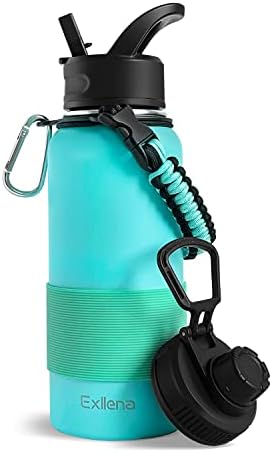 Exllena 1 Litre Water Bottle with Two Lids, Stainless Steel Water Bottle Double Insulated with Silicone Sleeve and Paracord Handle Practical - Grey