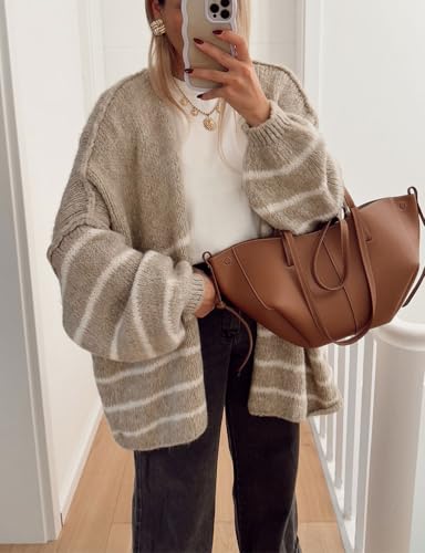 Mywinway Striped Cardigan Sweaters for Women Fall Open Front Lantern Long Sleeve Knit Chunky Loose Lightweight Sweater4