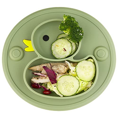 Baby Divided Plate Placemat Silicone- Portable Non Slip Child Feeding Suction Plate For Children Babies And Kids Bpa Free Baby Dinner Plate Microwave Dishwasher Safe (Duck-Endive) #TOP14