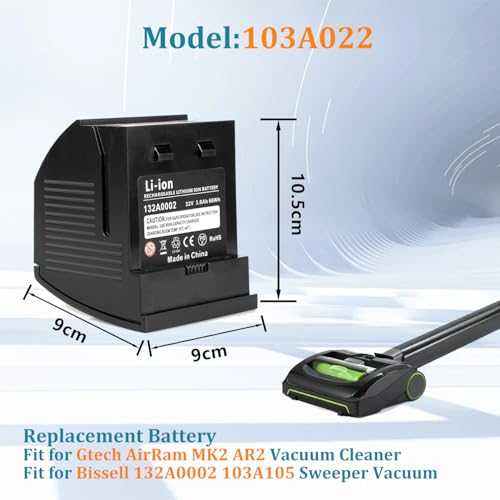 22V 3000mAh Replacement battery for Gtech AirRam MK2 K9, AR20, AR21, AR29, AR30 for Bissell 132A0002 103A105, Compatible with AirRam K9 Cordless Vacuum Cleaner and Bissell Sweeper Vacuum - Image 2