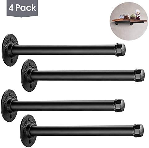 Industrial Black Iron Pipe Shelf Brackets 4 Pack, Elibbren 13.7 Inch Vintage Wall Mount DIY Shelving Brackets, Rustic Home Pipe Decor