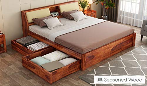 Image of Sheesham Solid Wood Honey Finish Walken King Size Bed Open Dual Storage for Bedroom Room (King, Honey)