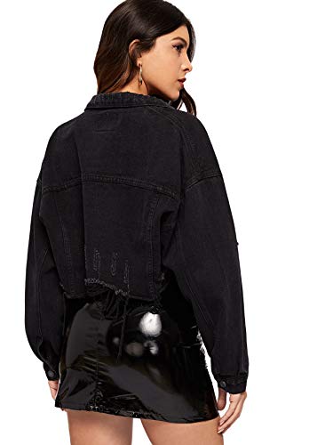 Floerns Women's Casual Drop Shoulder Ripped Crop Denim Jacket A Black S #TOP1