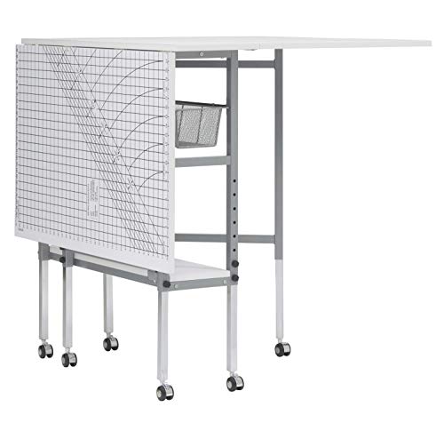 Offex Rolling Folding Height Adjustable Quilting Fabric Cutting Table With Sewing Board Grid And Guides Top, Storage In Silver/White Top #TOP5