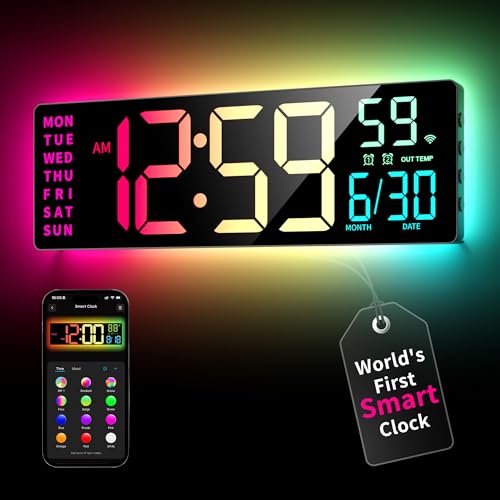 EASYERA Smart Digital Wall Clock with App Control, 16.5” Large RGBIC Wall Clock with Multiple DIY Color and Music Sync, LED Display, Auto DST, Plug-in Clocks for Classroom Home Gym Gaming