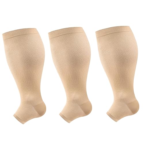 3 Pairs Open Toe Plus Size Compression Socks for Women Men, Wide Calf Compression Socks Knee HighStocking for Flying, Pregnancy, Running, Nurses, Travel