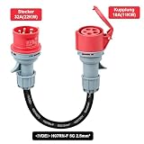 Adapter CEE 32 A wtyczka na złącze 16 A, 3-fazowy adapter prądu silnego, kabel VED, 5-rdzeniowy rdzeń z mosiądzu, 5 x 2,5 mm², kabel zasilający 415 V maks. IP44, 32 A na 16 A, odpowiedni do przemysłu