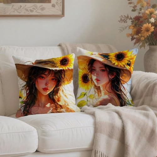 Housse de coussin 80x80cm tournesol carré lin imperméable lot de 2 taies