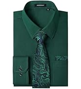 Men's Solid Long Sleeve Dress Shirt with Matching Tie and Handkerchief Set Classic Button Down Fo...