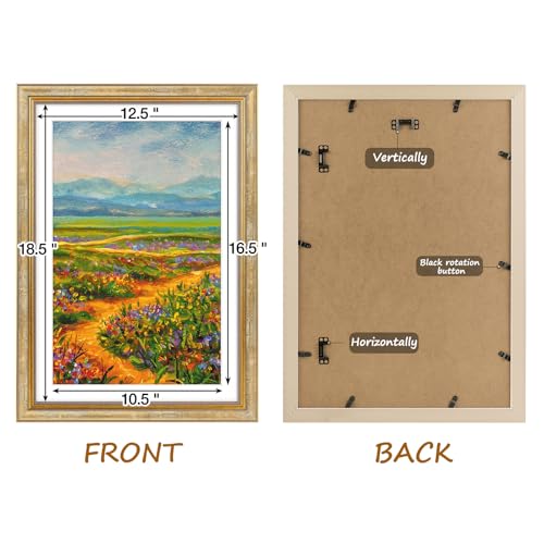 Image of Golden State Art,13x19 Ornate Picture Frame Holds 11x17 Photo,Vintage Gold | Includes plexiglass front,white mat,build-in hangers and buttons.Displays 11x17 photo on wall