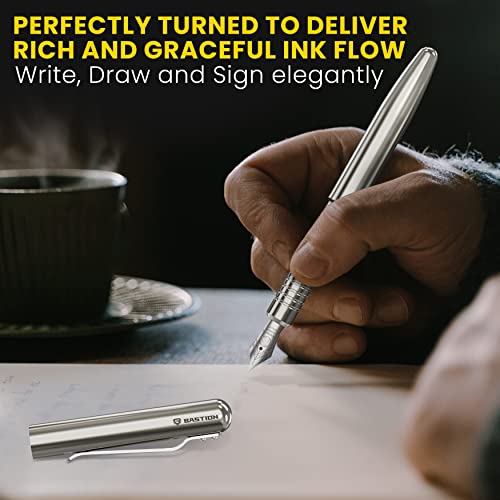 Bastion Fountain Pen With Gift Case - Minimalist Luxury Body - Fine Nib - Heavy Duty Nice Collectors Ink Refillable Metal Pens For Men & Women - Professional Executive Office Pen (Titanium) #TOP2