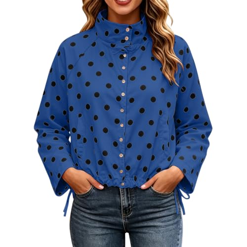 Womens Windbreaker Jacket Polka Dot Stand Collar Pockets Lightweight Coat