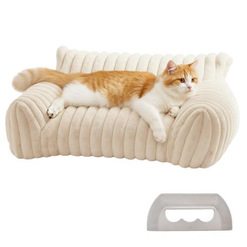 Atomvia Washable Cat Sofa 60x45x20cm Cat Beds for Indoor Cats and Small Dogs Removable Cover Soft Cat Bed Couch with Non-Slip Bottom, Indoor Cat Beds with Hair Remover (White)