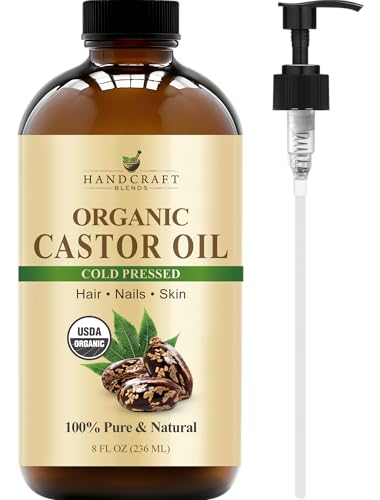 Handcraft Blends Cold-Pressed Organic Castor Oil 236 ml | Glass Bottle | 100% Pure and Natural | Premium Grade Carrier Oil | Hair Eyelashes and Eyebrows | Hair and Body | Ayurvedic Hair Care