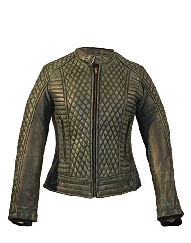 KEROZEN Ambre Giacca da moto con protezioni omologate CE - Giacca da moto in pelle da donna - Giacca trapuntata a maniche lunghe con fodera termica, verde, M
