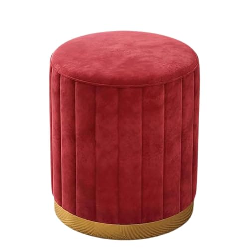 Image of Round Upholstered Velvet Ottoman Seating Stool with Gold Metal Base Multifunctional Makeup Vanity Chair Soft Compact Padded Foot Rest Stool for Living Room Bedroom Red