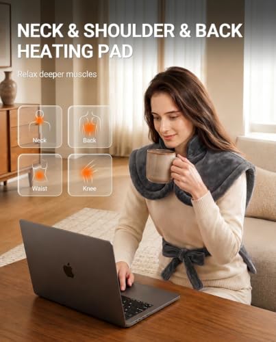 Image of Electric Heating Pad for Neck Shoulder: 33x24in, ETL Certified | Heating Pad for Back Pain Relief - 6 Heat Levels, Weighted Heat Pad Hands-Free, Auto Shut-Off, Flannel Gifts for Women Men