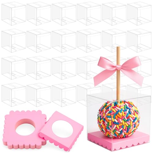 Weysat 100 Pcs Candy Apple Boxes, Pink Base Clear PET with Hole Top