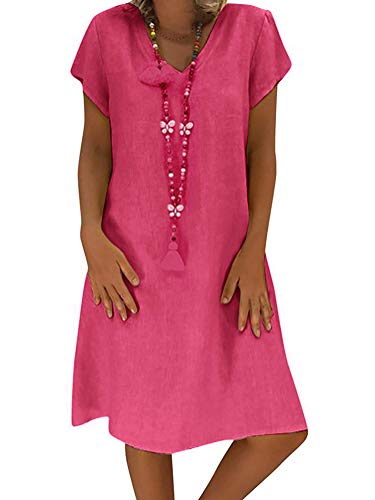 Onsoyours Leinenkleid Damen für den Sommer V-Ausschnitt Strandkleid im Boho Look B Rosa DE 42