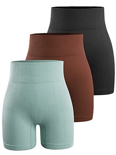 Women's 3 Piece Workout Shorts Yoga Seamless Ribbed High Waisted Spandex Booty Biker Shorts (Y8SP-B/Br/Blue L)