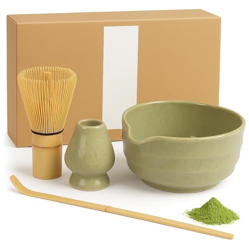 CBWERBB 4 Pcs Japanese Matcha Tea Set, Matcha Whisk Set Bowl Ceramic Holder Bamboo Whiskr Bamboo Scoop, Kit for Tea Lovers (Matcha Green)