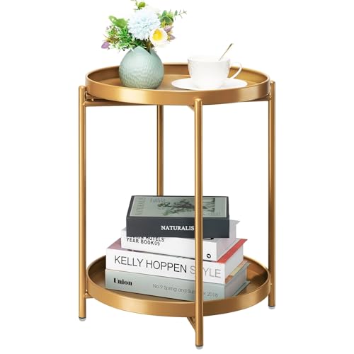 danpinera 2-Tier End Table, Outdoor Side Table Metal Round Side Table with Removable Tray, Small Folding Accent Table, Anti-Rust Nightstand for Bedroom Balcony Patio Living Room (Gold)