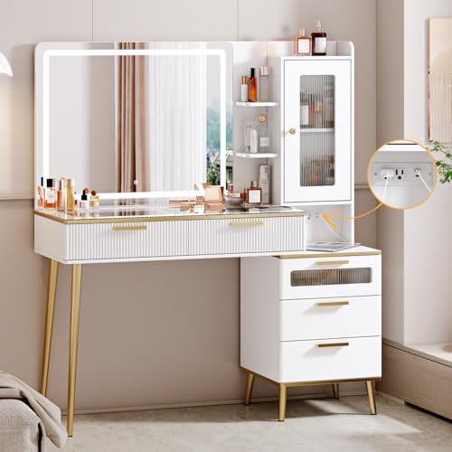 Arulvmrn Vanity Desk with 29.53" HD Lighted Mirror, 47.24" Big Modern Vanity Desk with Mirror and Lights, Makeup Vanity with 5 Drawers and Storage Shelves and Charging Station, White by Arulvmrn - Used condition - US$197.39