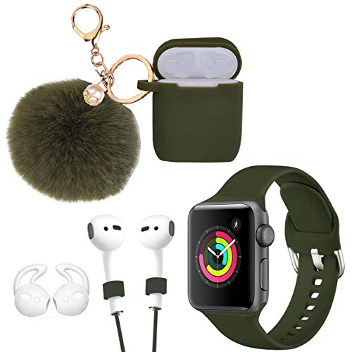 ShamBo Airpods Case and iWatch Band - LitoDream 5 in 1 Case and Watch Band Compatible with Airpods Silicone Cute Glittery Case Cover with Keychain/Strap for Airpod and iWatch (Olive, 38mm/40mm)