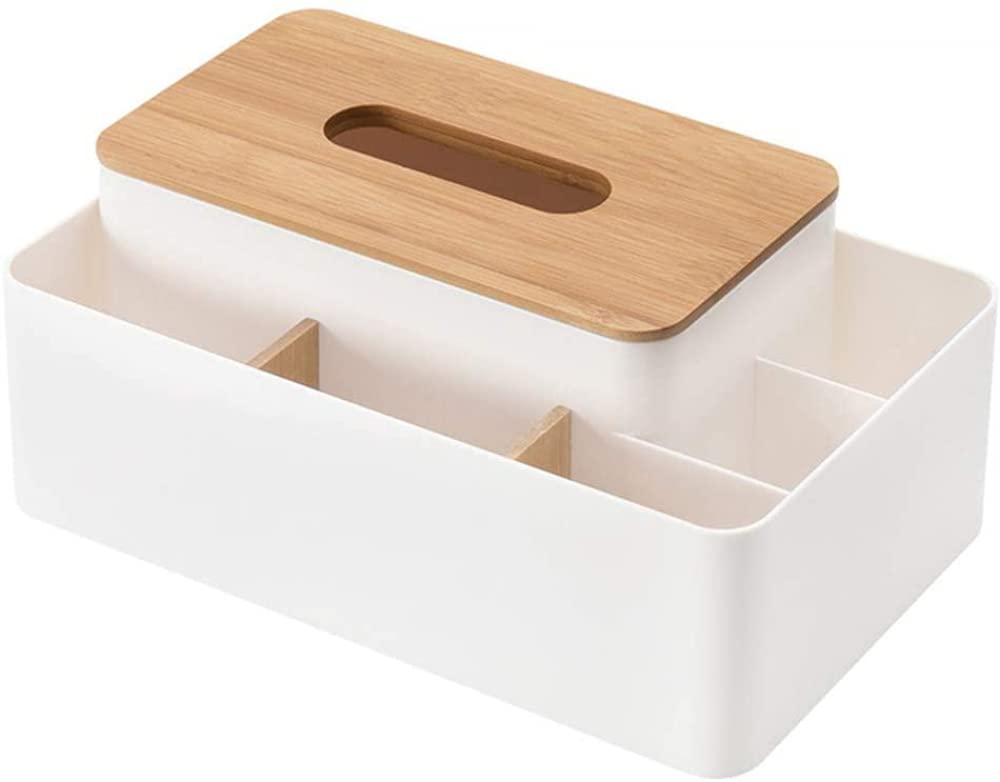 Cnfhfry White Tissues Box， Wooden Tissue Box And Paper Napkin Storage Cover Remote Control Holder Case Sundries Container(White)