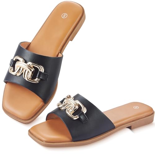 YTSKJ Sandals for Women 2026 Square Open Toe Fashion Slides Women Dressy Summer Flat Beach Cute Ladies Faux Leather Casual Shoes with Golden Chain Black Brown Size 9