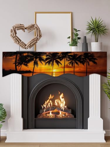 Fireplace Mantel Scarf Beach Sunset Mantle Scarf Decorative Fireplace Cover for Living Room, Ocean Coconut Orange Coastline Landscape Mantel Shelf Top Scarves Runner for Home Party Supplies 90"x17"