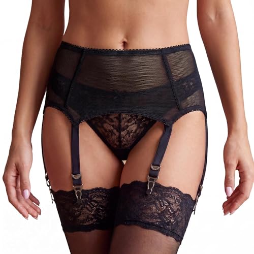 Eagerlove Porte-Jarretelles En RéSille Transparente Avec 6 Sangles Et Boucles MéTalliques Taille Haute AntidéRapants Pour Bas Cuissards Grande Taille Noir 2XL