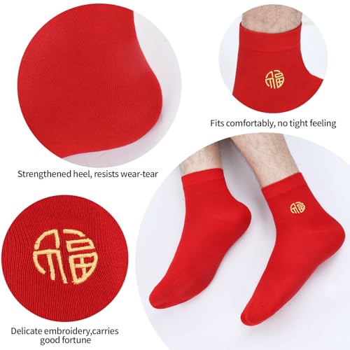 Men's Red Socks Crew Sports Casual Calf Socks, New Year Socks,Size 6-10 or 11-14,Red Embroidery (Fu) (6 Prs)4