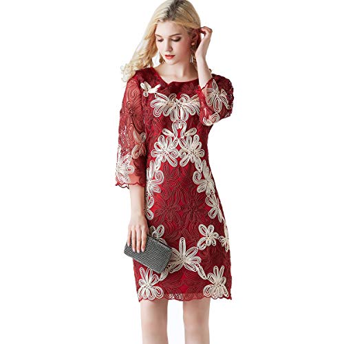 Women s Floral Lace Formal Dress Evening Embroidered Retro Prom Elegant Midi Dresses(Red,Medium)