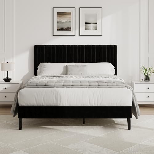 HOMBCK Double Bed Frame, Upholstered Platform Bed with Velvet Channel Tufted Headboard, Wood Slat Support, No Box Spring Needed, Black, 135x190