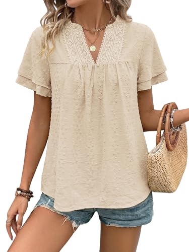 Halife Ruffle Sleeve Tops for Women Boho Summer Blouses Vneck Lace Flowy Lightweight Loose Babydoll Shirts Apricot M