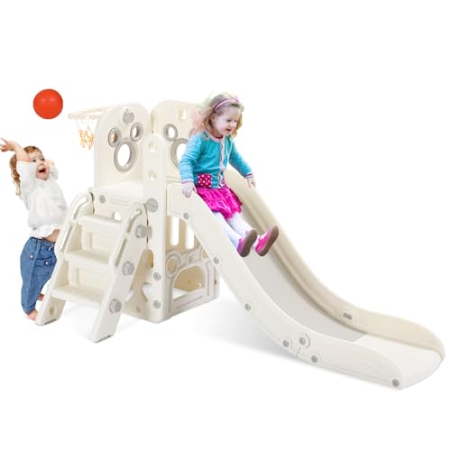 Arlopu Kids Slide L-Shaped, 5 in 1 Slide Climber for Toddler, with Ball & Hoop, Storage Space and Non-Slip Steps, Indoor Outdoor Baby Playset, Ideal for Boys Girls Birthday 3 Years + (White)