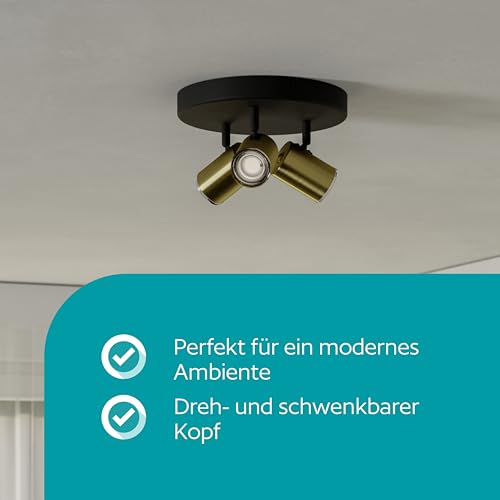 EGLO Deckenlampe Consuma 1, runder Deckenstrahler 3-flammig, Spot Deckenleuchte Badezimmer, Badlampe Decke aus Metall in Schwarz und Messing, GU10 Fassung, IP44