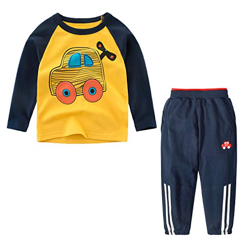 Chándal para niños 2 Piezas Camiseta de Manga Larga con Estampado de Coche + Pantalones Deportivos Trajes de Ropa Escolar de otoño (Coche Amarillo, 4-6 años) Cover