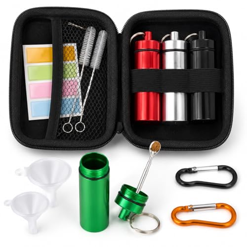 ZVLINMVAM 10 Pcs Travel Spice Container Set with Spoon - 4 Mini Aluminum Storage Jars, Portable Spices Metal Jar Kit with Funnel, Brush & Labels for Camping