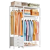 Wooruy Kleiderständer, Abnehmbarer freistehender Garderoben-Rack, Schwerer Kleiderhalter mit Regalen und 3 Stoffschubladen, Höhenverstellbarer Eck-Kleiderschrank Organizer für Schlafzimmer und Flur