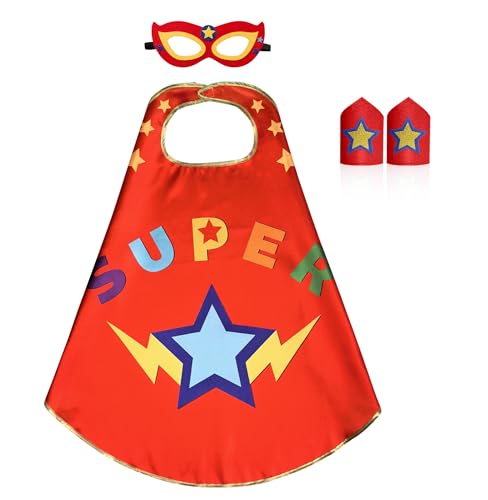 iRolefun Star Superhero-Capes for Kids Costume, Cape Mask Bracelet Role Play Toys for Girls Boys 3-9 Gifts Birthday Halloween (Red)