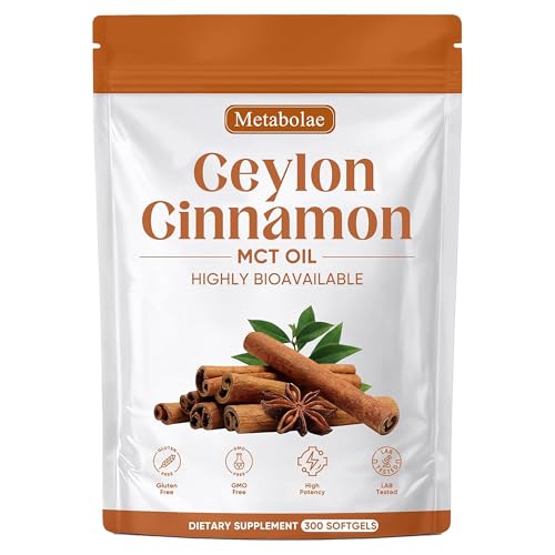 Jqewlg Metabolae Ceylon Cinnamon - 300 Softgels 12:1 Concentrated Cinnamon Extract with MCT Oil High Absorption Formula Daily Wellness Support Supplement Non-GMO & Gluten-Free
