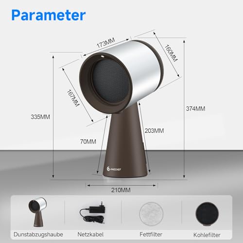 AMZCHEF Mobile Dunstabzugshaube, Tragbare Abzugshaube Keine Installation mit 3 Geschwindigkeitsmodi und Mehrere Filtersysteme, LED-Licht, Große Öl-Auffangschale, Geräuscharmut(Braun)