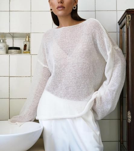 Image of Sweters for Women, Womens Sweater, O-Neck Solid Color See Through Pullover Jumper Shirt Beach