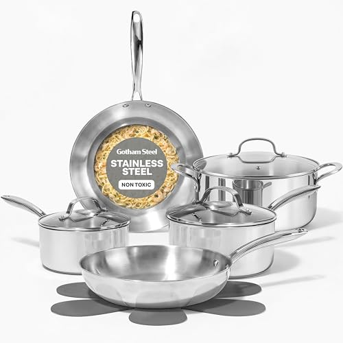Image of Gotham Steel 10 Pcs Tri Ply Stainless Steel Cookware Set, Pots and Pans Set with Induction Bottom, Made Without PTFE PFOA PFOS, Metal Utensil Safe, Oven and Dishwasher Safe